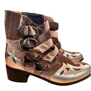 Onlymaker Velvet‎ Buckle Ankle Boots Silver Embellished Western Style Boots 37